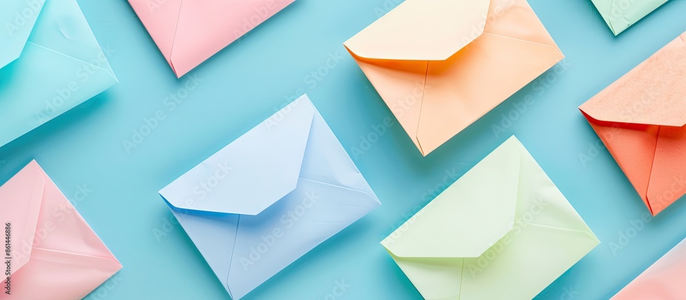 Aufkleber Colorful envelopes arranged randomly on a light blue background in a top view copy space image.