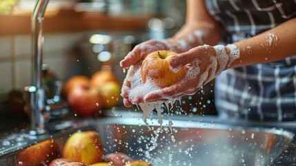 This close-up image captures hands meticulously washing a single apple under running water in a sink, highlighting the emphasis on cleanliness and hygiene in food handling.