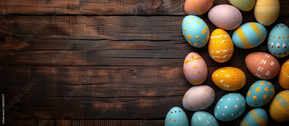Poster Easter eggs arranged in a flat-lay style on a wooden table with copy space image.