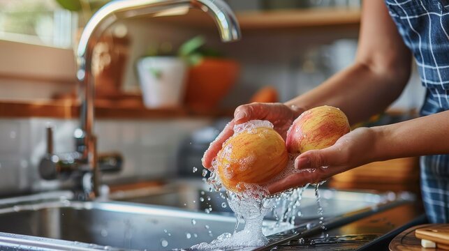 A pair of hands are washing fresh apples under a stream of running water in the kitchen sink. The scene is surrounded by fresh produce, indicating a focus on cleanliness and hygiene in food preparati - Powered by Adobe