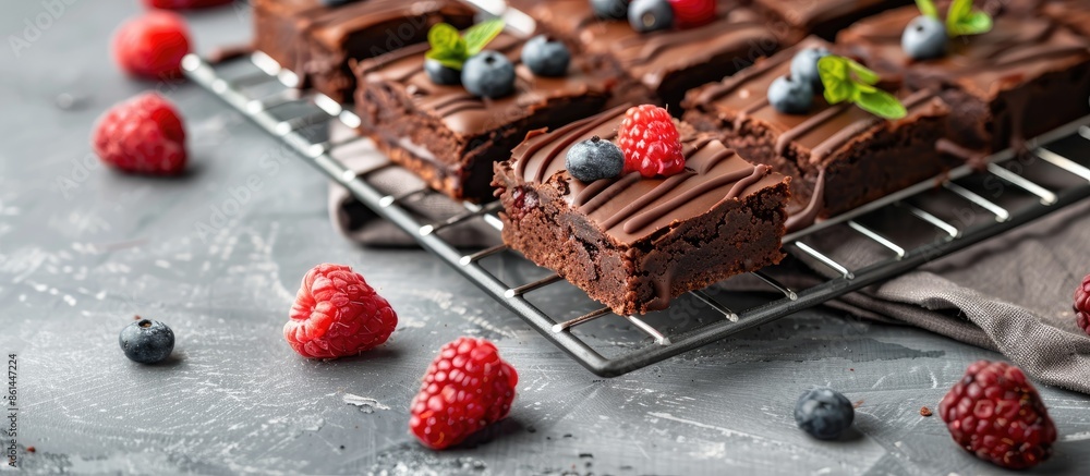 Poster delicious dessert with chocolate brownie squares topped with chocolate glaze and fresh berries place