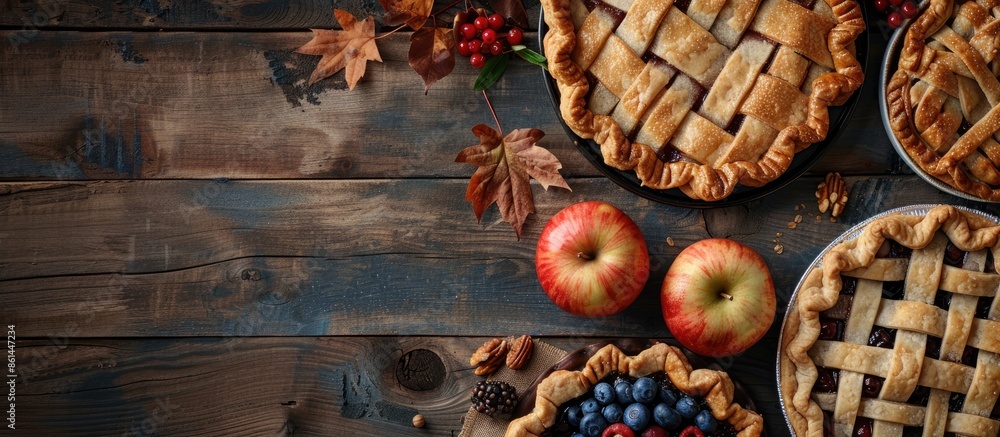 Poster autumn pies like blueberry tart, chantarelle galette, and classic apple pie with sweet crust on a ru