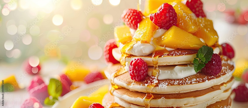 Aufkleber close-up of appetizing pancakes adorned with fresh mango, raspberries, yogurt, mint, and honey on a 