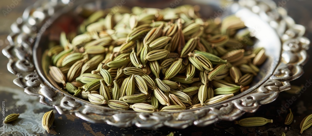 Poster close-up view of fennel seeds displayed on a shiny silver plate, with a clear background for a copy 