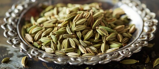 Obraz premium Close-up view of fennel seeds displayed on a shiny silver plate, with a clear background for a copy space image.
