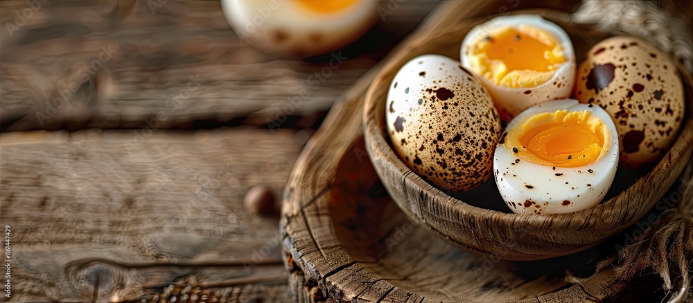 Leinwandbilder close up of boiled quail eggs on a rustic wooden table with copy space image.