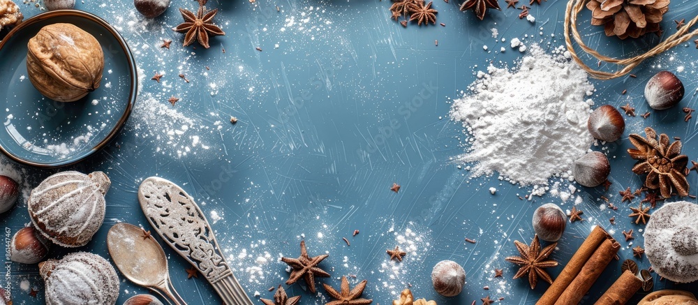 Aufkleber blue background with powdered sugar-dusted nuts and ceramic utensils displayed at the center, perfec