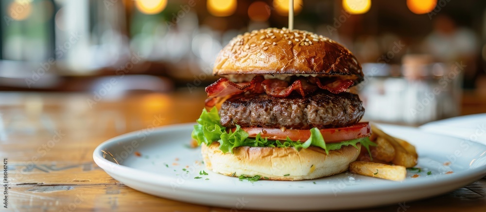 Poster Close-up view of a homemade hamburger on a white plate with copy space image.