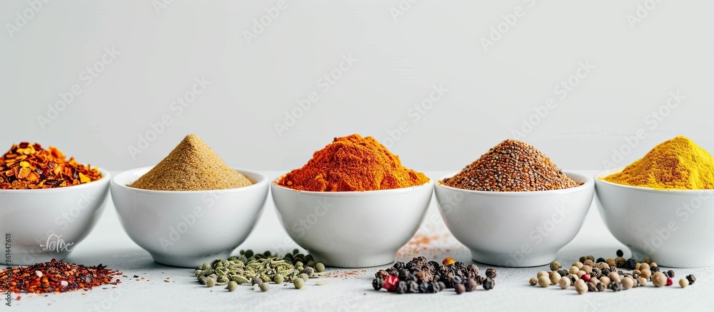 Poster Bowls of assorted spices set against a bright backdrop with ample empty space for additional elements in the image.