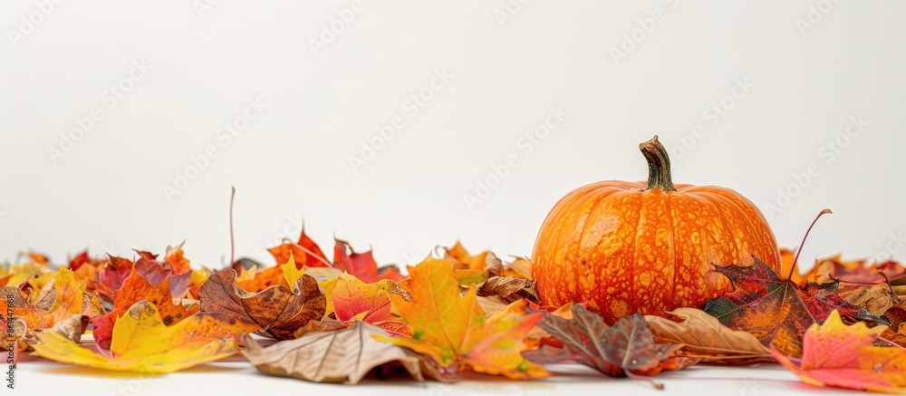 Poster Fall-themed image with a round ceramic pumpkin, colorful leaves on a table, against a white background for use as a mock-up with copy space.