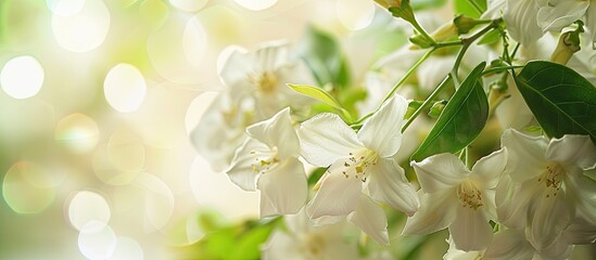 Fototapeta premium Close-up photo of fragrant jasmine flowers, suitable for teas or perfumes, with a side view and room for copy space image.