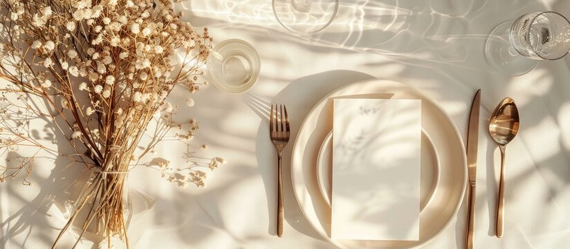 Festive table setting for a wedding or birthday with dry branches, card mockup for menu concept. Top view flat lay with copy space image.