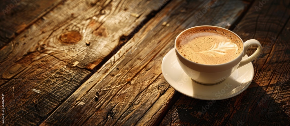 Aufkleber coffee in a cup on a rustic wooden table creates a cozy atmosphere with a warm beverage, all set aga