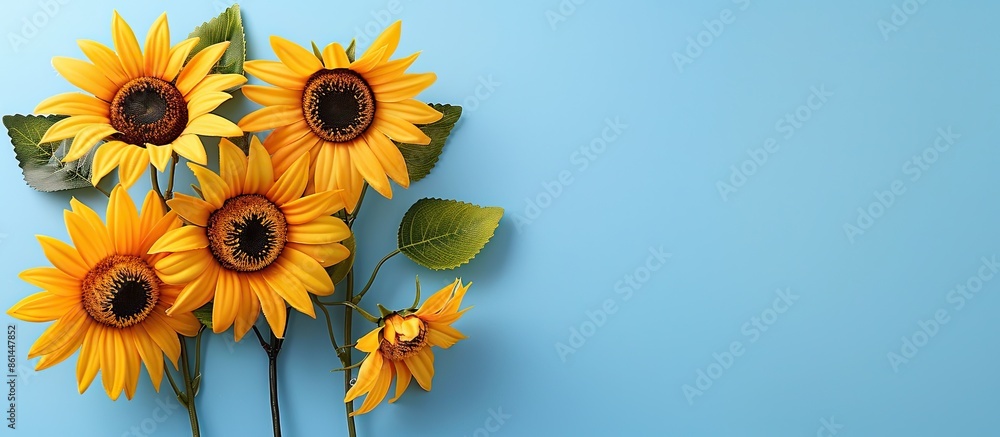 Poster artificial sunflowers on a blue background create a cheerful and vibrant display with plenty of copy