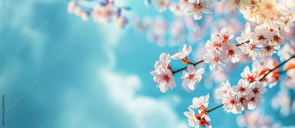 Poster cherry blossoms bloom on branches set against a blue sky, embodying the essence of spring, with a fo