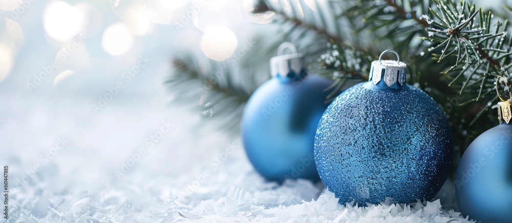 Aufkleber Blue Christmas ornaments on a white background with a blurred effect, suitable for adding text, generally referred to as a copy space image.