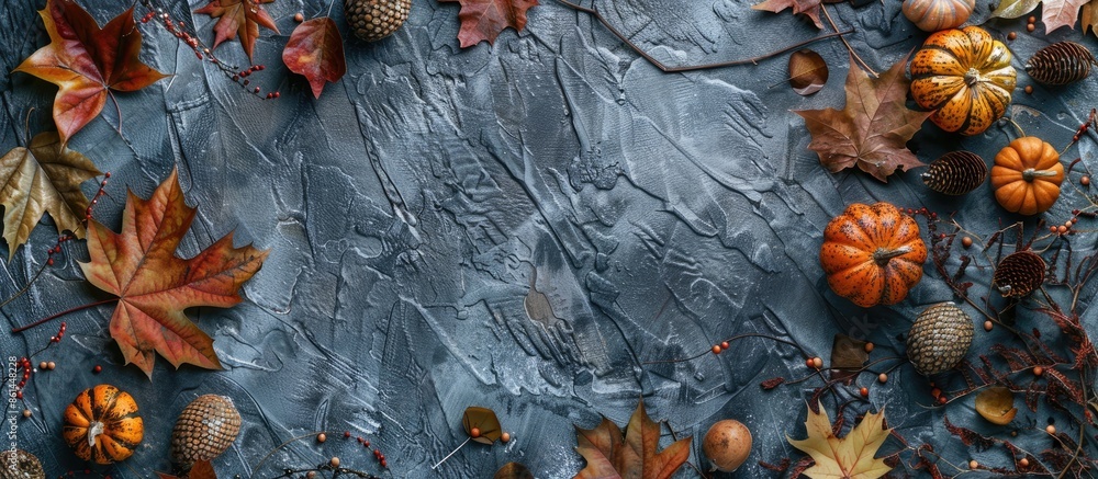 Poster Autumn decor with leaves, pumpkins on stone backdrop in flat lay style. Top view of scene with ample copy space image available.