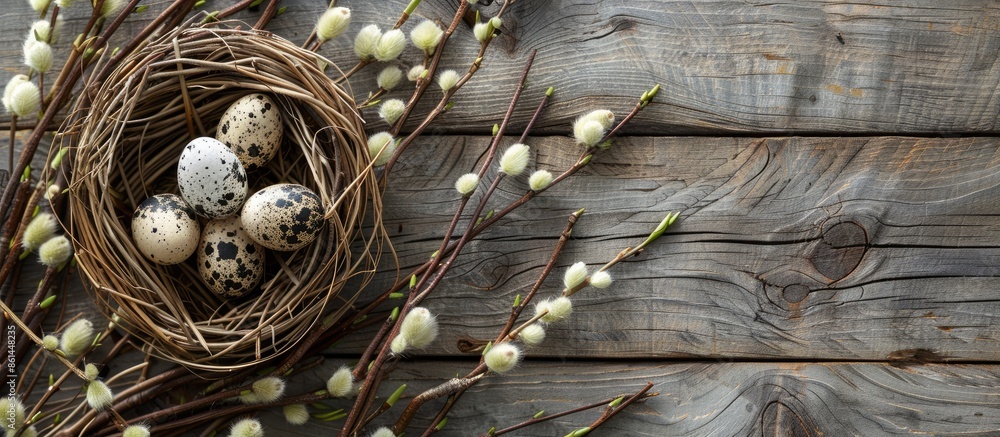 Poster Easter decoration featuring quail eggs in a nest and pussy willow branches on a wooden backdrop. Top view perspective with available copy space image.