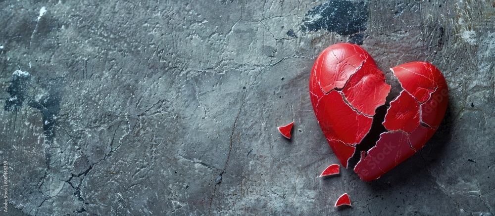 Poster Close-up image depicting a broken heart to symbolize divorce, with space for text against a gray background. image with copy space