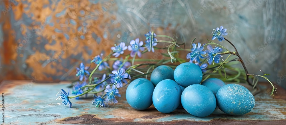Poster easter-themed rustic setting with dyed blue eggs on vintage metal backdrop ideal for copy space imag