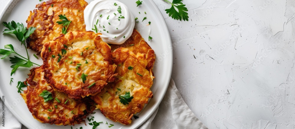 Poster close-up image of belarusian potato pancakes on a white plate with white sour cream and green herbs,