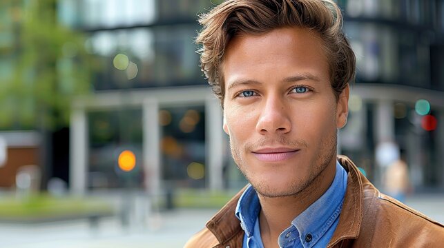 A man wearing a leather jacket poses confidently in a city area, surrounded by modern buildings. His stylish appearance denotes assertiveness and urban sophistication.