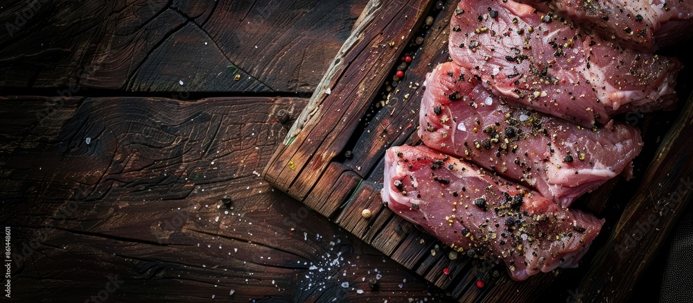 Aufkleber close-up top view of raw pork shoulder seasoned with black pepper on a wooden bark background, featu