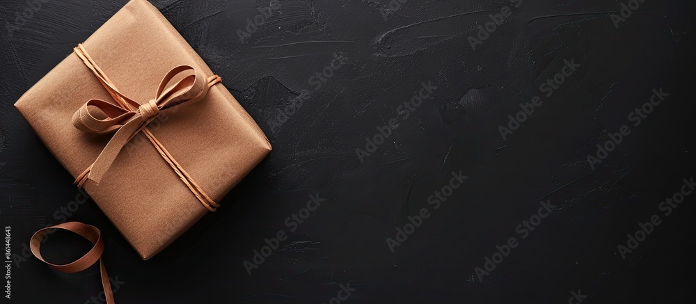 Poster flat lay of a gift box on a black background with space for text or other images. image with copy sp