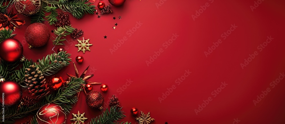 Aufkleber Festive Christmas decorations arranged neatly on a red backdrop with ample copy space for text or images.