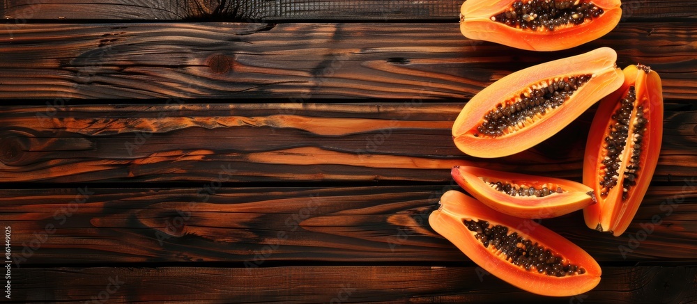 Poster dark wooden backdrop with papaya slices from above, presenting an expansive copy space image as a fo