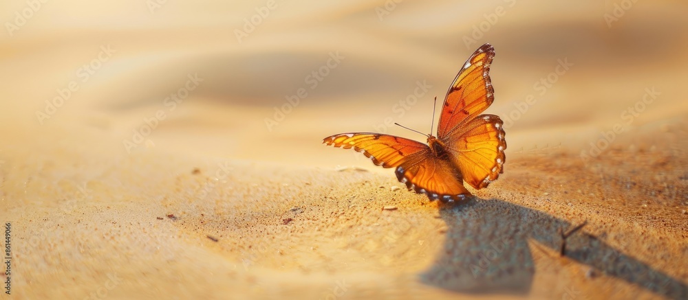 Poster butterfly flying gracefully over sandy texture, creating a serene natural background ideal for a vac