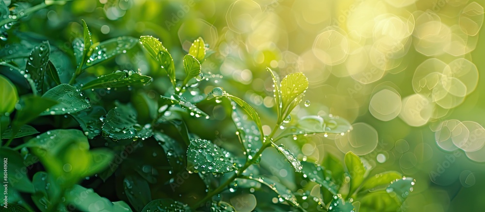 Poster closeup image of raindrops on a wild plant with fresh green foliage background for copy space image.