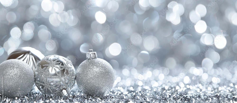 Poster festive decorations like balls and snowflakes set against a sparkling silver background creating a c