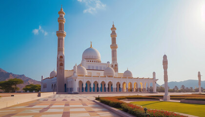 Naklejka premium A grand white mosque with multiple minarets stands majestically under a clear blue sky, blending architectural elegance with spiritual serenity in a scenic setting