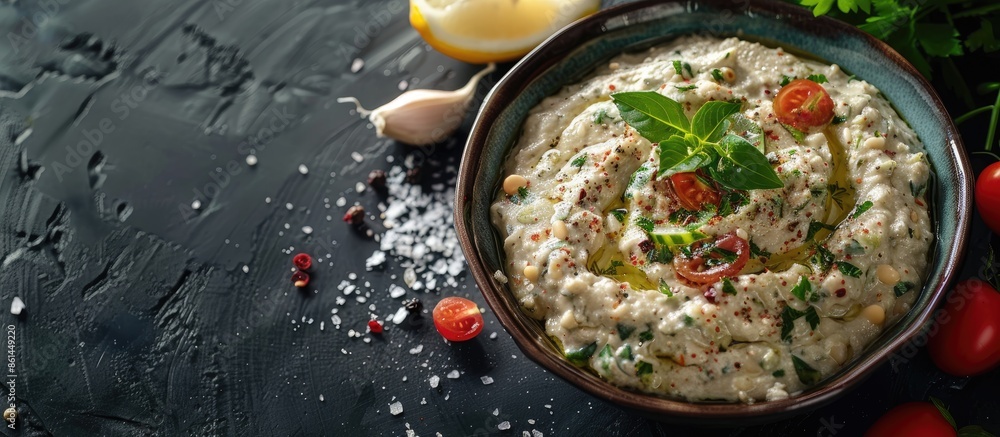 Poster dark background enhances the presentation of a bowl with delicious baba ghanoush and fresh elements;