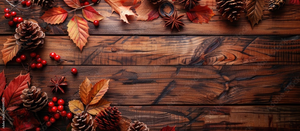 Poster fall-themed decor on the rustic wooden backdrop featuring copy space image.