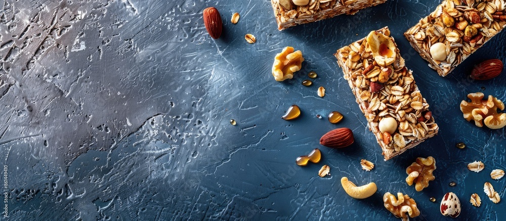Poster Cereal bars with nuts, muesli, and honey, with a blank space for your own image. image with copy space