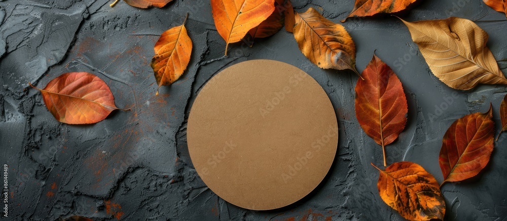 Aufkleber autumn leaves displayed with a circular empty card set against a textured grey background in a copy 