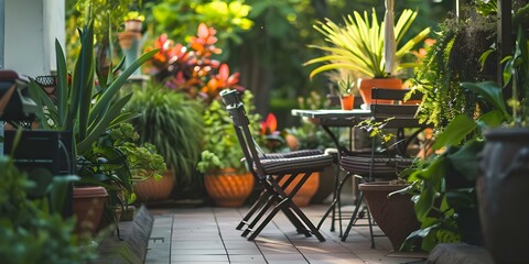 Fototapeta premium Beautiful home terrace with chairs tables and plants. Concept Elegant Terrace Decor, Cozy Outdoor Furniture, Stylish Plant Arrangements