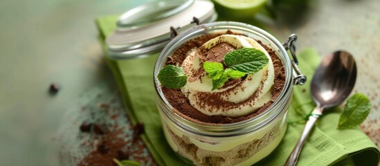 An appetizing and unusual presentation of tiramisu in a jar on a green napkin with mint and lime, creating an appealing copy space image.