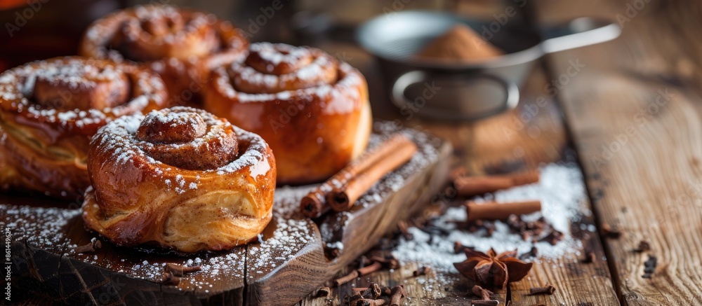Aufkleber Breakfast featuring tempting cinnamon rolls dusted with confectioners' sugar displayed on a rustic wooden surface with a metal sifter and cinnamon stick, set against a backdrop ideal for food-related
