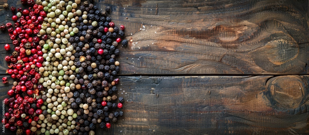 Poster Flat lay of various peppercorns on a wooden table with copy space image available.