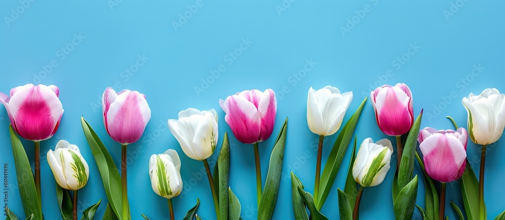 Poster Flat lay of pink and white tulips bordering a blue backdrop, ideal for text placement in the copy space image.