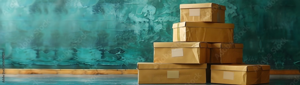 Aufkleber stack of small parcel boxes with thank you stickers and custom labels on plain background