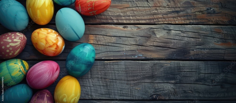 Aufkleber Easter eggs arranged in a flat-lay style on a wooden table with copy space image.