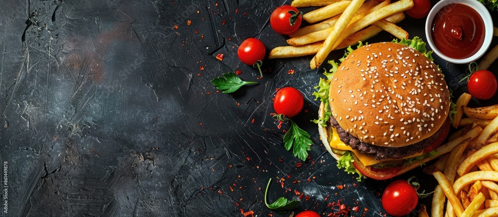 Aufkleber cheeseburger with fresh vegetables and crispy fries, beef burger with cheddar cheese and savory sauc