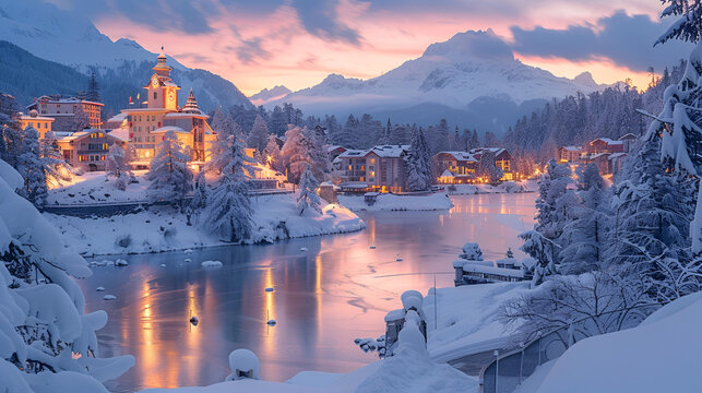 Fairy tale view of Saint Moritz on a snowy winter dusk, Engadine, Graubunden canton, Switzerland