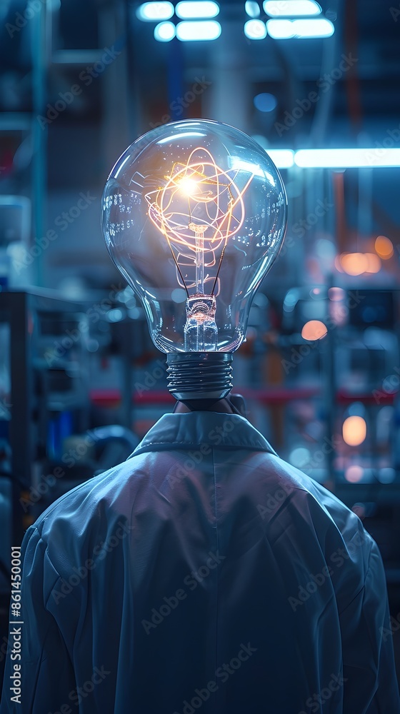 Poster inventive mind in a high tech laboratory scientist with lightbulb head conducting experiment