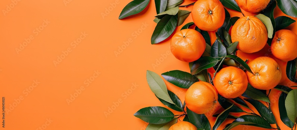 Poster Flat lay of fresh ripe tangerines with green leaves on an orange background, creating a frame with copy space image.
