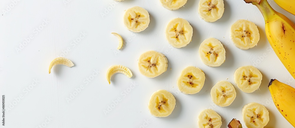 Poster Banana slices on a white background with copy space image.